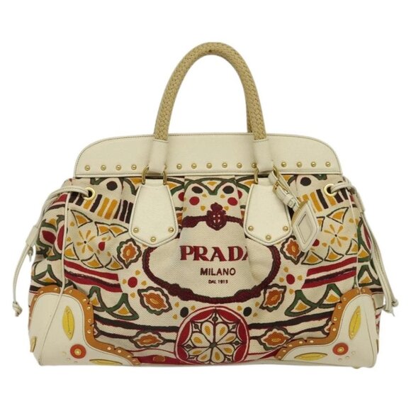 PRADA Hand Bag Canvas Beige Gold Auth - Picture 2 of 16